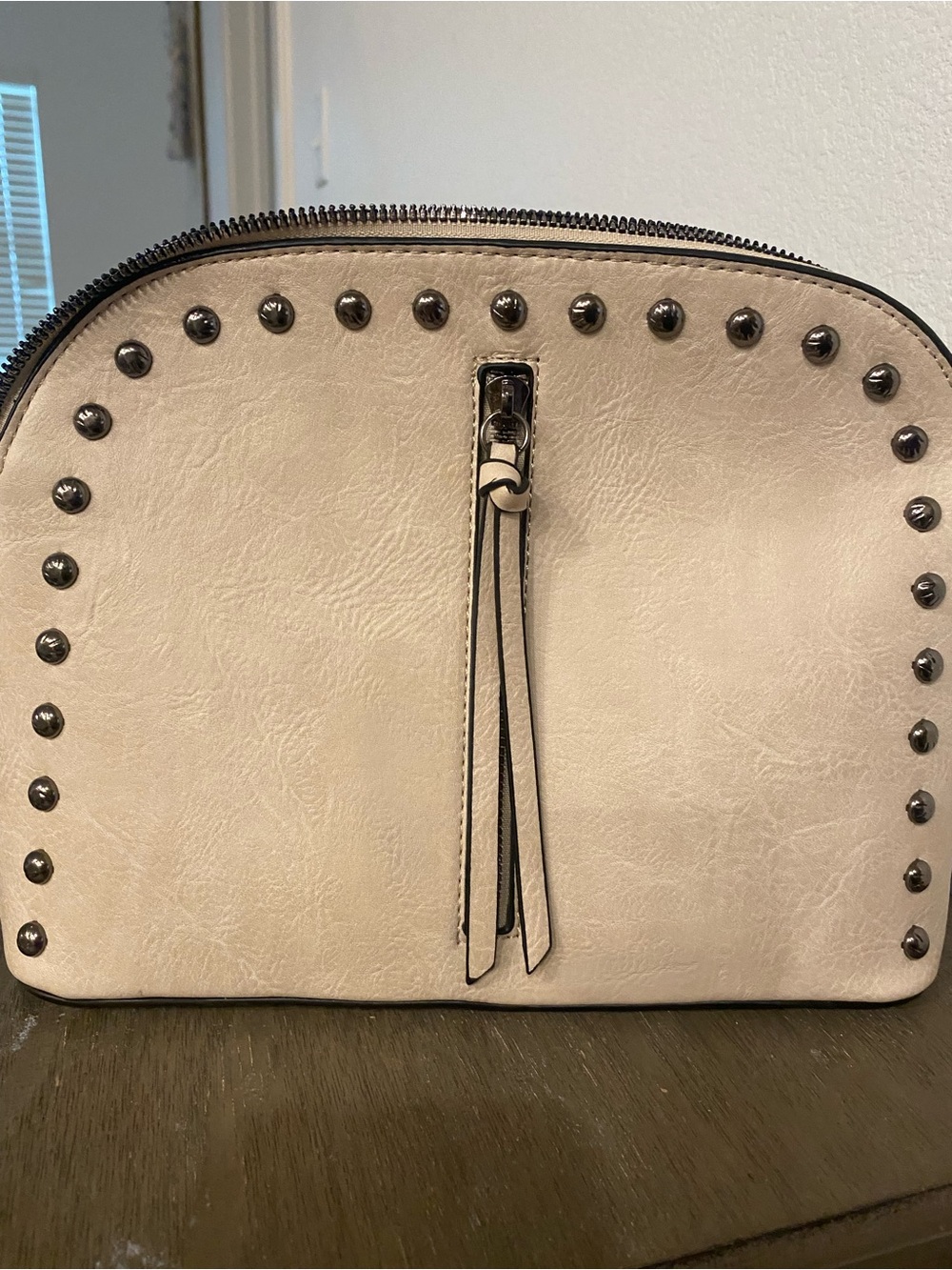 Cream Studded Zip Cosmetic Pouch with Tassel Pull